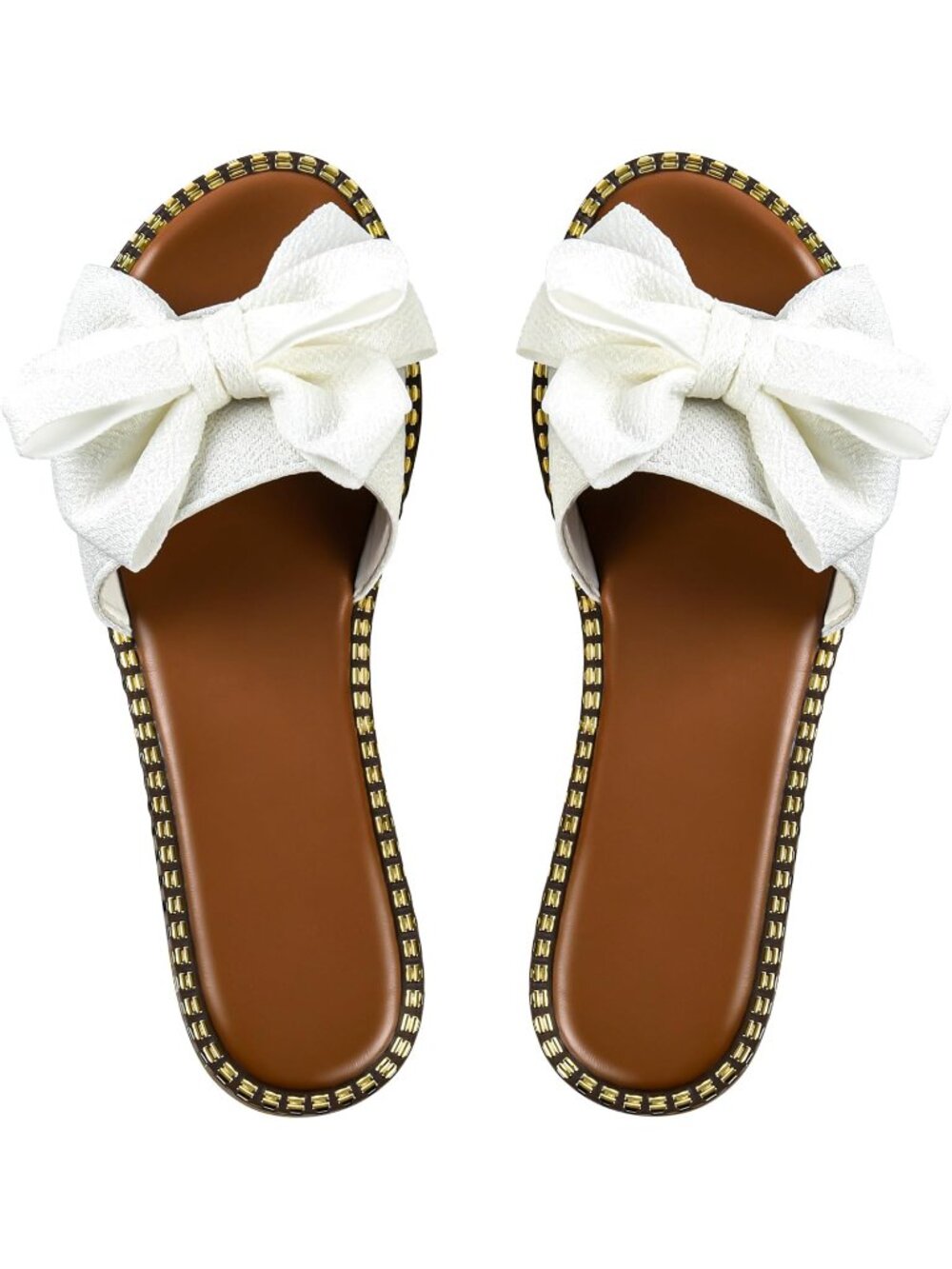 Women's White Bow Knot Slides Open Toe Flat Sandals Slip On Beach Shoes